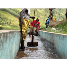 Load image into Gallery viewer, Workers using a sluice box to wash coffee cherries at a coffee plantation.