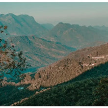 Load image into Gallery viewer, Lush green mountain range with forested hills and clear blue sky.

